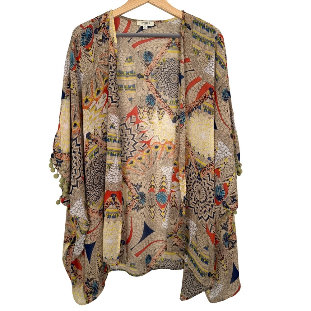 Umgee USA Geometric Print Kimono Cardigan Pom Pom Trim Tan Multi Size M/L